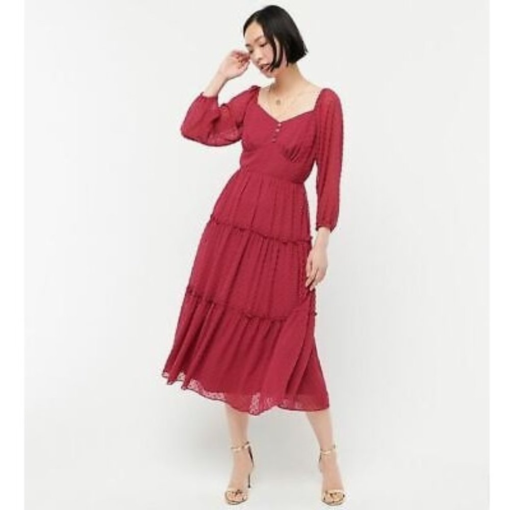 J.Crew Berry Red Swiss Dot Long Sleeve Tiered Midi Dress Size 14